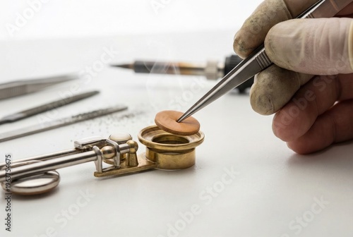 Repairman hands using tweezers to carefully place a new leather pad into a heated flute key