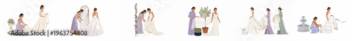 Set of minimalist flat illustrations showing a bride and bridesmaids preparing for a wedding, adjusting gowns and veils in various elegant settings.