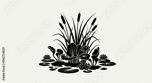 Black silhouette of cattail plants water.