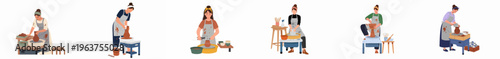 Set of diverse female potters working with clay on pottery wheels in a workshop, flat vector illustration on white background.