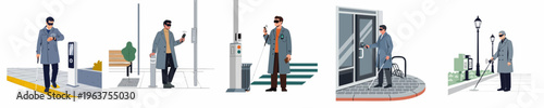 Illustrations of a visually impaired man using various assistive technologies and smart devices for urban navigation and daily life accessibility.