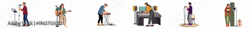 A set of flat vector illustrations showing diverse musicians and a sound engineer working in a professional recording studio environment.