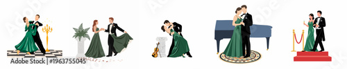 Collection of illustrations featuring a couple in formal attire, ballroom dancing, sharing romantic moments, and attending a gala event.