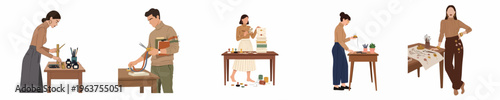 Set of diverse creative people engaged in artisanal crafts including calligraphy, bookbinding, stamping, sewing, and botanical painting in a flat illustration style.