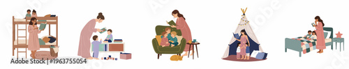 Set of Flat Vector Illustrations Depicting Mothers Reading Bedtime Stories to Their Children in Various Home Environments