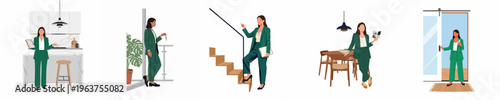 A professional female real estate agent or interior designer in a green suit is illustrated showcasing different areas of a modern house.