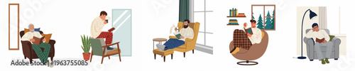 Set of flat vector illustrations showing men in sweaters and plaid pants relaxing in armchairs while reading books and magazines at home.