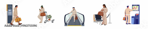 Flat vector illustration set of diverse travelers navigating an airport terminal with luggage, departure signs, a directory map, and an escalator.