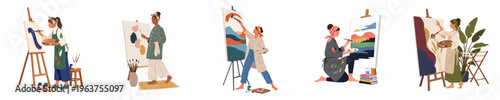 Set of diverse female artists painting on canvases at easels, showcasing creative expression and artistic hobbies in a flat vector illustration style.