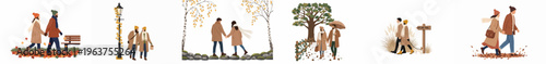 Illustrations of couples and friends walking outdoors in autumn and winter, featuring seasonal fashion, nature trails, park scenes, and activities on a white background.