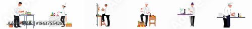Collection of professional chefs in various kitchen settings performing different culinary tasks and food plating, isolated on white background.