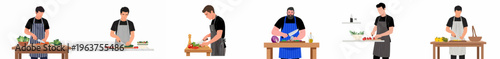 Set of flat illustrations featuring various men wearing aprons and preparing fresh vegetable salads and meals in a kitchen setting.
