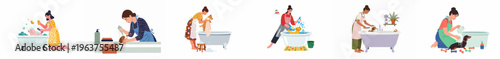 Set of illustrations featuring women washing and grooming different dog breeds in bathtubs, showcasing pet care and hygiene.