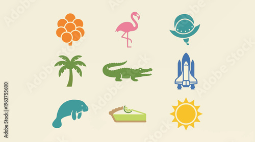 Flat icon set of Florida symbols including oranges, flamingos, and Spanish helmets