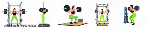 Flat vector illustrations of a woman performing barbell squats in various gym settings and poses, isolated on white background.
