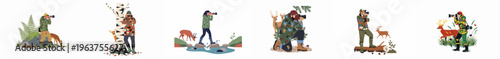 Set of illustrations featuring wildlife photographers in camouflage clothing capturing photos of deer in various natural landscapes like forests and streams.