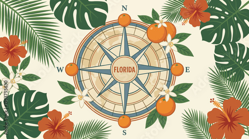 Illustration of a vintage compass rose with Florida oranges and tropical greenery