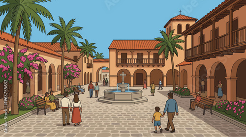 Scene of a Spanish colonial plaza in Florida with blooming trees and cobblestones
