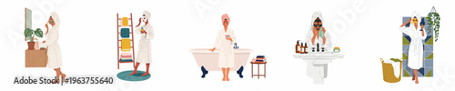 Flat Illustrations of Women Engaging in Skincare and Self-Care Routines in a Bathroom or Home Spa Setting