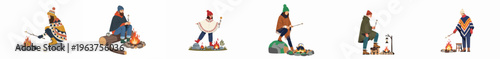 Set of diverse people in winter clothing roasting marshmallows over campfires, flat vector illustrations on a white background.
