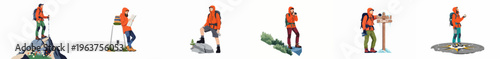 Collection of flat vector illustrations of diverse hikers and explorers engaged in mountain trekking, navigating, and reaching summits on a white background.