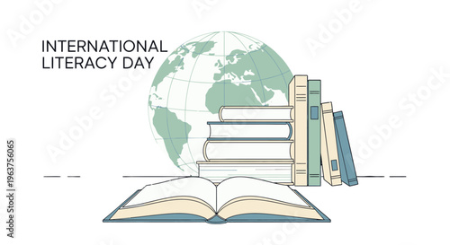 International Literacy Day educational illustration with books and globe.