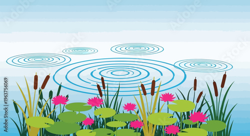 Pink flowers on green lily pads.