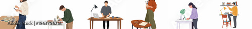 Collection of diverse creative people engaged in various hobbies and work activities, including photography, drawing, and remote work, flat vector illustration.
