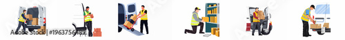 Collection of delivery service workers loading packages, scanning boxes, and managing cargo with vans in a professional logistics flat illustration set.