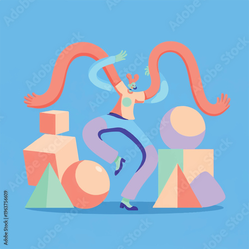 Vibrant abstract character with exaggerated long arms dancing playfully among colorful geometric shapes, symbolizing creativity, balance, and modern design.