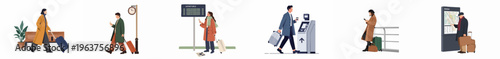 Collection of diverse travelers with luggage at a railway station or airport terminal, featuring individuals walking, waiting, and checking schedules in flat illustration style.