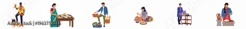 Diverse flat vector illustrations of people from various cultures preparing, serving, and eating traditional foods, showcasing global culinary traditions and communal dining experiences.