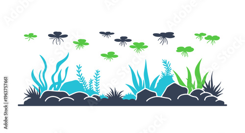 Colorful illustration of aquatic life scene.