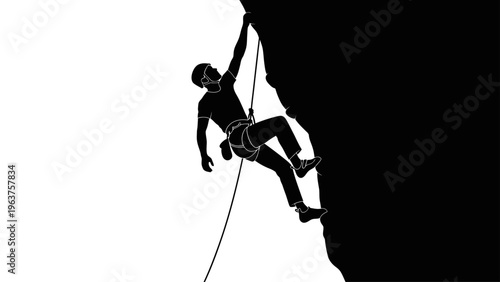 Man climbing rock face with rope.