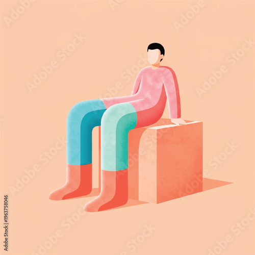Stylized man with long, colorful legs sitting on a geometric block against a peach background