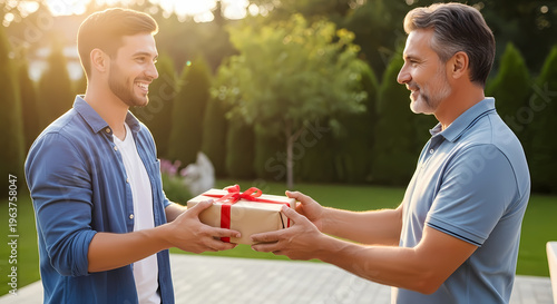 Two men exchanging a gift in a garden with a tree and green grass two people men gift exchange outdo