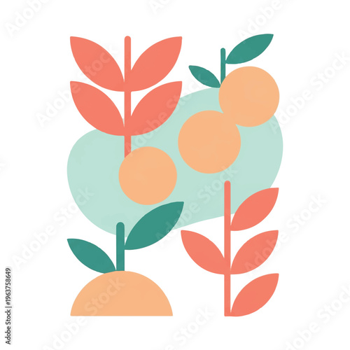 Abstract minimalist illustration of orange fruits on branches with leaves and pastel background