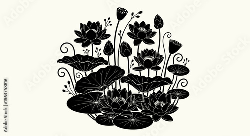 Black Lotus Flower Plant Silhouette Illustration.