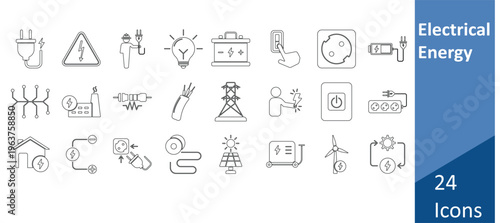 Electrical energy icon set featuring power electricity symbols outline style collection for engineering industry technology web and app design