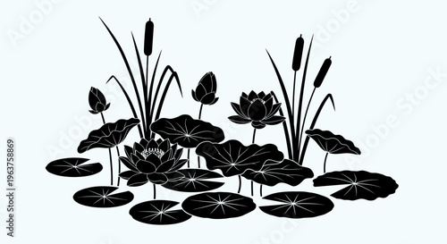 Black silhouette of lily pads flowers.