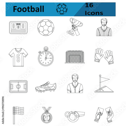 Football vector icon set with players equipment field stopwatch goal gloves boots referee flag whistle trophy symbols collection illustration design