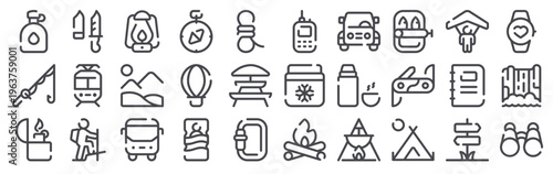 Set of 30 camping adventure thin line icons including tent, compass, carabiner, sleeping bag, thermos, lantern, trekking, knife, canteen, rope, binocular, , campfire, cooking, diary
