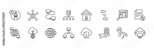 set of 16 thin line data transfer icons including fiber optic, wan, hub, isp, cable connection, http, load balancing, lan, home internet. editable stroke vector illustration isolated on