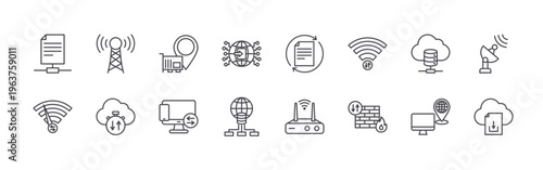 set of 16 thin line data transfer icons including tcp, speed, transmitter, latency, address, device transfer, gat, repository, file recovery. editable stroke vector illustration