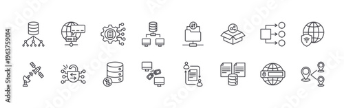 set of 16 thin line data transfer icons including topology, satelite, dns, decryption, file management, database, database network, broken link, ftp. editable stroke vector illustration