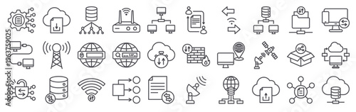 Set of 30 data transfer and network connectivity thin line vector icons including file management, router, database, FTP, firewall, topology, encryption