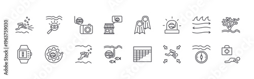 set of 16 thin line diving icons including dive light, dive watch, visibility, technical, underwater photography, scuba diving, shop, underwater, fins. editable stroke vector illustration