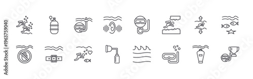 set of 16 thin line diving icons including diving, safety, oxygen tank, weight, snorkeling, diving, ear, nitrogen, mask. editable stroke vector illustration isolated on white