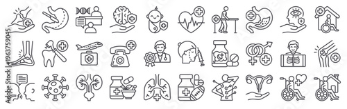 Set of 30 healthcare medical specialty thin line icons including rehabilitation, neurology, cardiology, pulmonology, radiology, dentistry, pediatric, physical therapy and more