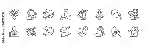set of 16 thin line health service icons including urology, radiology, neurology, sexual health, gastroenterology, bariatric surgery, speech therapy, drug addiction, pain. editable stroke